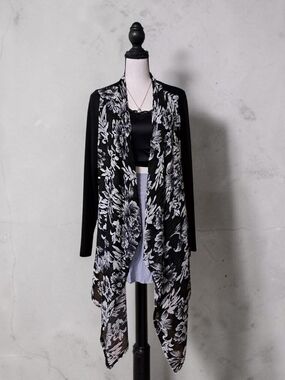 Black Floral Open-Front Drape Cardigan